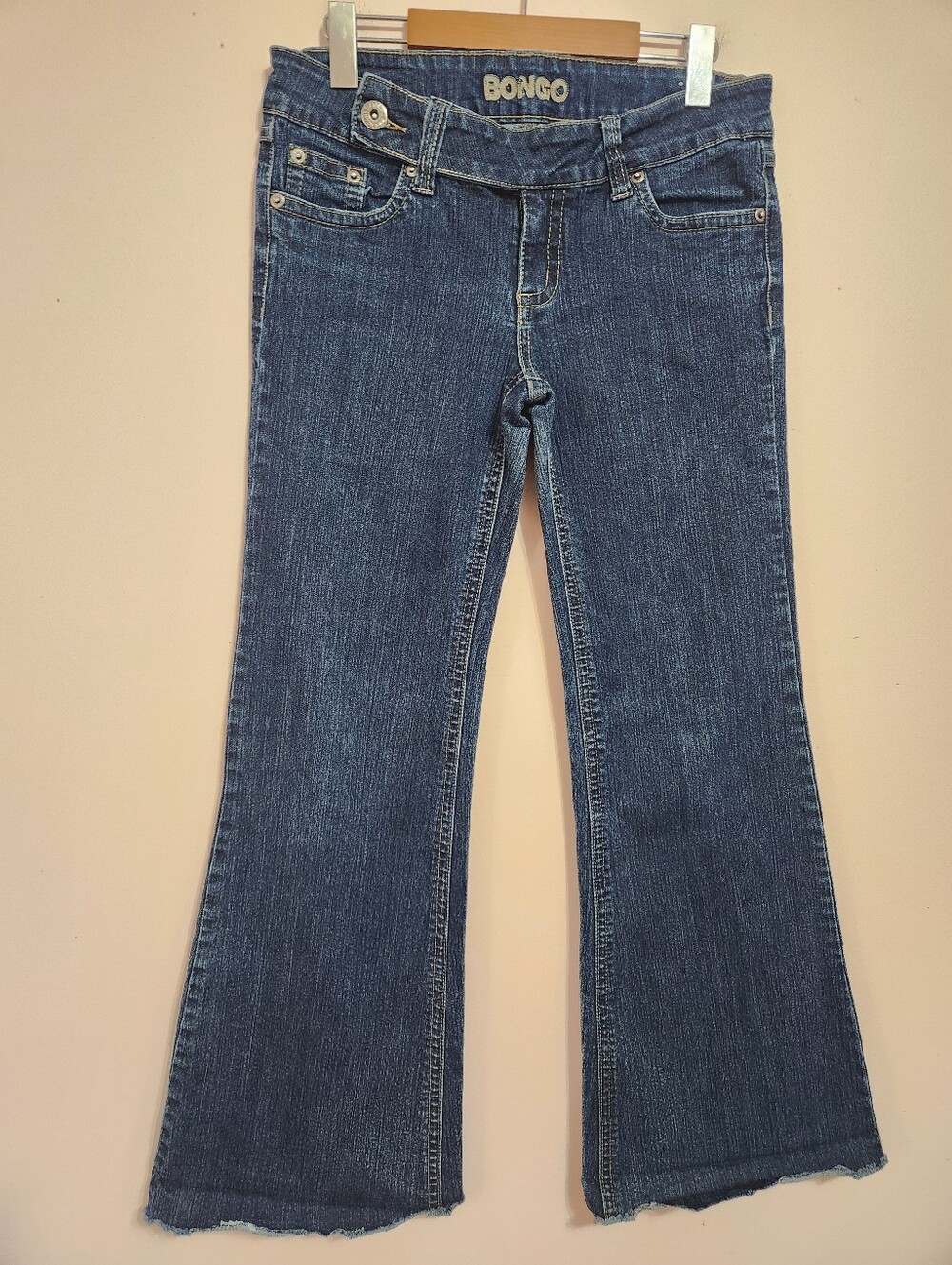 Vintage Bongo Hardcore Denim Low Rise Flare Jeans Y2K McBling Raw Hem Sz 7